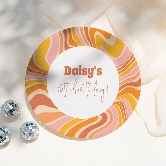 Laten we groovy roze retro meisje verjaardagsfeest papieren bordje