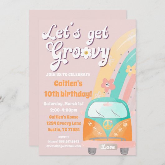 Laten we Groovy Verjaardag uitnodiging Hippie Retr (Voorkant / Achterkant)