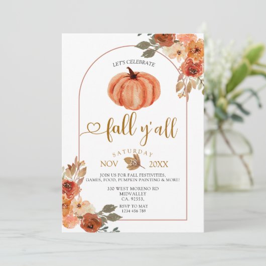 Laten we Herfst Y'all Boho Arch Harvest Party vier Kaart (Staand voorkant)