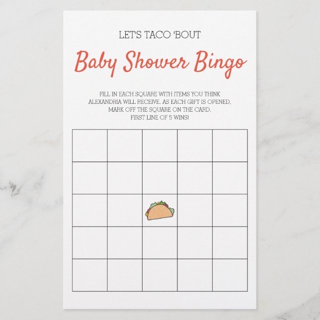 Laten we het Baby shower Bingo Game van Taco Bout (Voorkant)