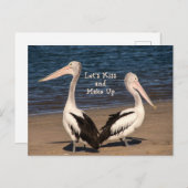 "Laten we het goedmaken" pelikanen op het strand Briefkaart (Voorkant / Achterkant)