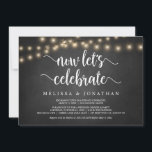 Laten we het vieren, Rustic Wedding Elopement Invi Kaart<br><div class="desc">Laten we het vieren,  Wedding Elopement Aankondiging / Uitnodigingskaart,  in Rustic boerderij krijtbord,  String Lights ontwerp. Dit is perfect voor je trouwreceptie en feest na de bruiloft. Voeg je gegevens toe in het overeenkomende lettertype/lettertype. #TeeshaDerrick</div>