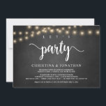 Laten we het vieren, Rustic Wedding Elopement Part Kaart<br><div class="desc">Laten we het feest vieren,  Huwelijksvlucht Aankondigings- / Uitnodigingskaart,  in Rustic boerderij krijtbord,  Ontwerp met slingerlichtjes. Dit is perfect voor je huwelijksreceptie en nazomingsfeest. Voeg je details toe in bijpassend lettertype / lettering.
#TeeshaDerrick</div>