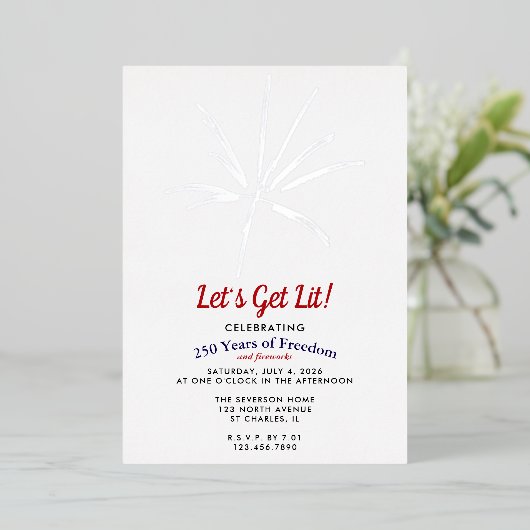 Laten we het vuurwerk doen ontbranden Zilveren Vuu Folie Uitnodiging (Staand Voorkant)
