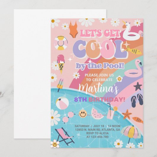 Laten we koel worden bij het zwembad groovy verjaa kaart (Voorkant / Achterkant)