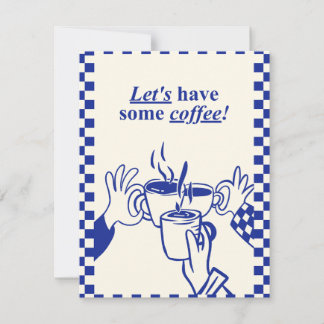 Laten we koffie drinken, schattig retro blauw geru notitiekaartje