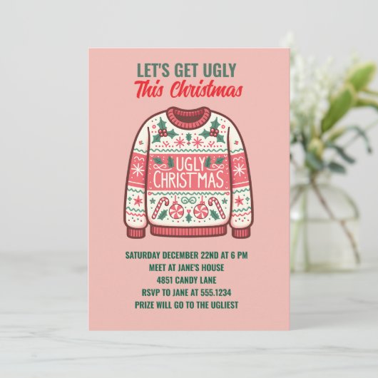 Laten we lelijk worden deze kerst tacky trui feest kaart (Staand voorkant)