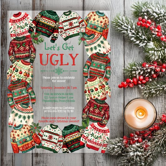 Laten we lelijke kersttrui feestje doen acryl uitnodigingen