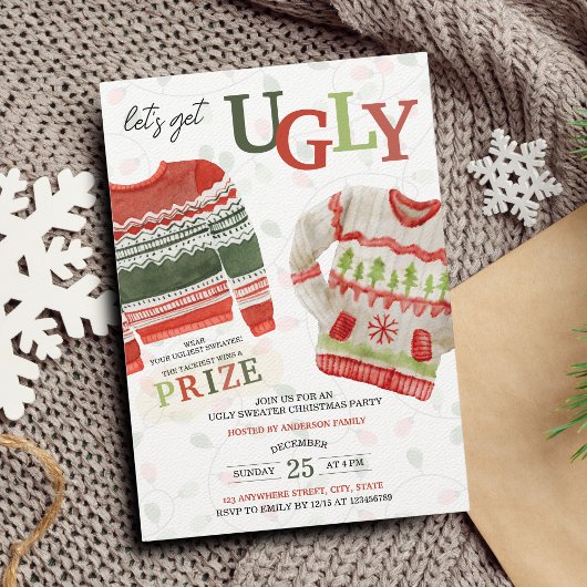 Laten we lelijke trui kerstfeest krijgen kaart