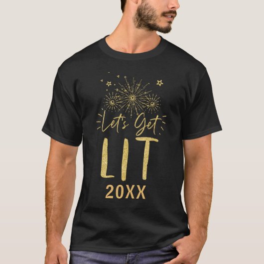 Laten we Lit Gold Typography Oudejaarsfeest krijge T-shirt (Voorkant)