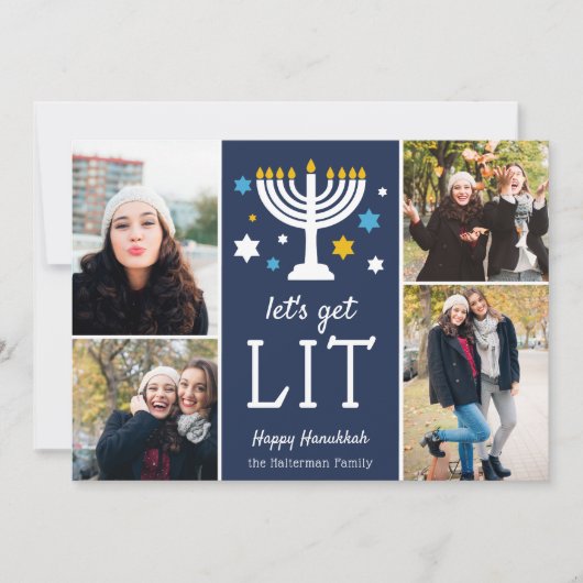 Laten we Lit halen | Funny Hanukkah Foto Collage Feestdagenkaart (Voorkant)