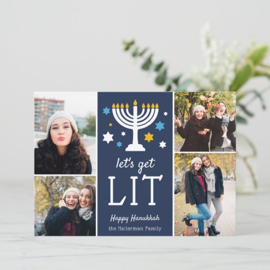 Laten we Lit halen | Funny Hanukkah Foto Collage Feestdagenkaart (Staand voorkant)