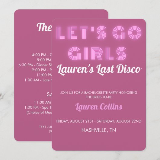 "Laten we meisjes gaan" Roze Bachelorette-uitnodig Kaart (Voorkant / Achterkant)