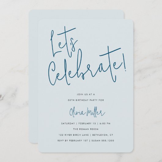 Laten we minimalistisch script vieren, Blue Birthd Kaart (Voorkant / Achterkant)