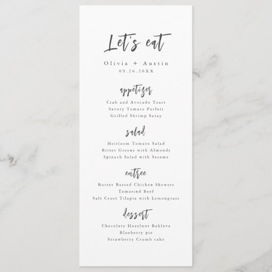 Laten we Moderne Chic Script Minimalist Wedding Ea Menu (Voorkant)