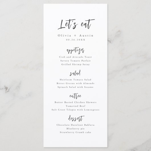 Laten we Moderne Chic Script Minimalist Wedding Ea Menu (Voorkant)
