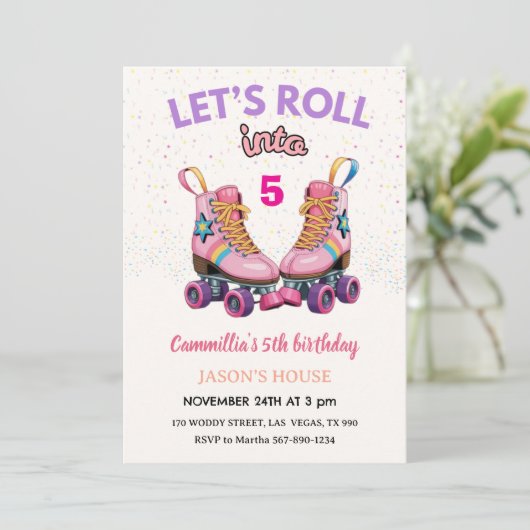 Laten we naar 5 Retro Roller Skate Verjaardag roll Kaart (Staand voorkant)