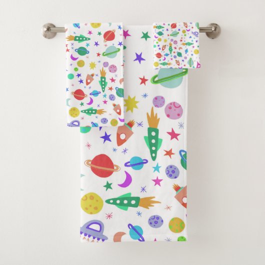 Laten we naar Space White Pattern UFO gaan Bad Handdoek (Insitu)