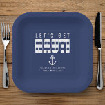 Laten we Nauti Blue Bachelorette feestje nemen Papieren Bordje<br><div class="desc">Blauw-wit gestreept "let's get nauti" papier bord voor een vrijgezelle / vrijgezellenfeest. Personaliseer het met je eigen tekst.</div>