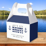 Laten we Nauti vrijgezellenfeest geven Bedankdoosjes<br><div class="desc">Blauw-wit gestreepte "let's get nauti" gunstbox voor een vrijgezellenfeest. Personaliseer het met je eigen tekst.</div>