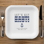 Laten we Nauti vrijgezellenfeest geven Papieren Bordje<br><div class="desc">Blauw-wit gestreept "let's get nauti" papier bord voor een vrijgezelle / vrijgezellenfeest. Personaliseer het met je eigen tekst.</div>