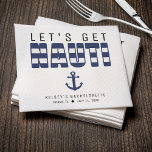 Laten we Nauti vrijgezellenfeest geven Servet<br><div class="desc">Blauw-wit gestreepte "let's get nauti" servetten voor een vrijgezellenfeest. Personaliseer het met je eigen tekst.</div>