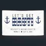 Laten we Nauti vrijgezellenfeest geven Spandoek<br><div class="desc">Blauw-wit gestreepte "let's get nauti" banner voor een vrijgezellenfeest. Personaliseer het met je eigen tekst.</div>