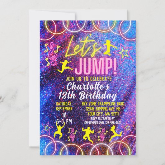 Laten we Neon Trampoline Park Birthday op springen Kaart (Voorkant)