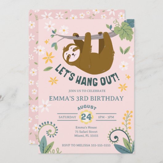 Laten we Oerwoud Sloth Roze Verjaardag ophangen Kaart (Voorkant / Achterkant)