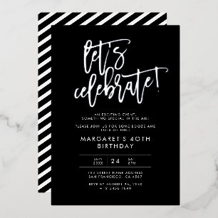 Laten we onze moderne zwarte zilveren verjaardag v folie uitnodiging