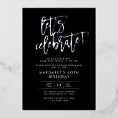 Laten we onze moderne zwarte zilveren verjaardag v folie uitnodiging (Voorkant)
