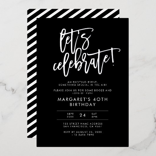 Laten we onze moderne zwarte zilveren verjaardag v folie uitnodiging (Voorkant / Achterkant)