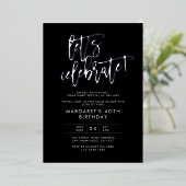 Laten we onze moderne zwarte zilveren verjaardag v folie uitnodiging (Staand Voorkant)