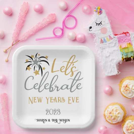 Laten we Oud en Nieuw vieren Zwart Goud Zilver    Papieren Bordje (Feest)