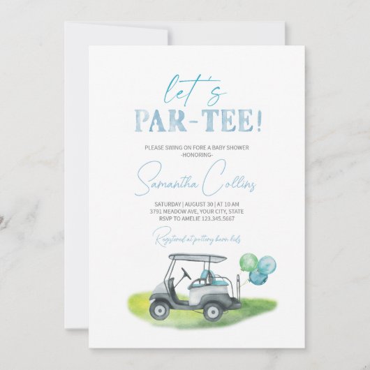 Laten we Par-t-shirt golfthema Baby shower uitnodi Kaart (Voorkant)