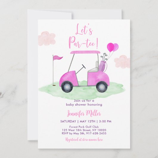 Laten we Par-t-shirt Pink Girl Golf Baby shower Kaart (Voorkant)