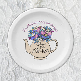 Laten we Par-Tea Bloemen Theepot Meisjes Verjaarda Papieren Bordje