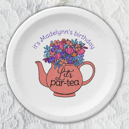 Laten we Par-Tea Bloemen Theepot Meisjes Verjaarda Papieren Bordje