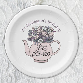 Laten we Par-Tea Bloemen Theepot Meisjes Verjaarda Papieren Bordje