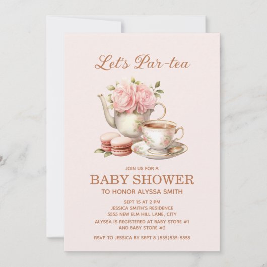 Laten we Par-Tea Party Roze Bloemen Baby Meisje Kaart (Voorkant)