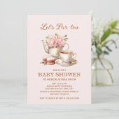 Laten we Par-Tea Party Roze Bloemen Baby Meisje Kaart (Staand voorkant)