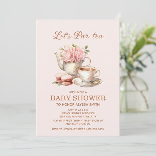Laten we Par-Tea Party Roze Bloemen Baby Meisje Kaart (Staand voorkant)