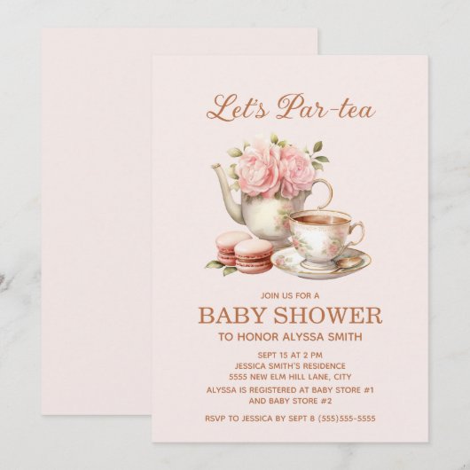 Laten we Par-Tea Party Roze Bloemen Baby Meisje Kaart (Voorkant / Achterkant)