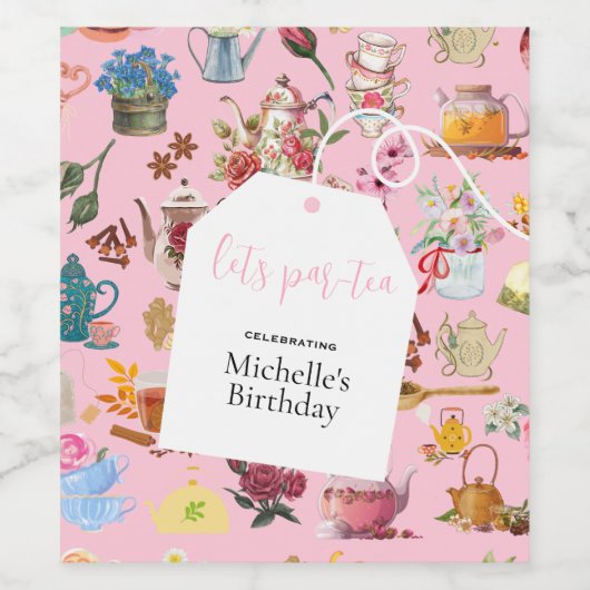 Laten we Par Tea Roze Tuin Bloemen Verjaardagsfees Wijn Etiket (Enkel label)