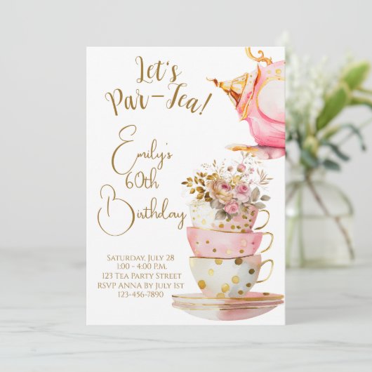 Laten we Par-Tea verjaardagsfeestuitnodiging Kaart (Staand voorkant)