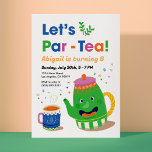 Laten we Par-Tea! verjaardagsuitnodiging Kaart<br><div class="desc">Laten we Par-Tea! Gooi een theefeest voor de volgende verjaardag van je kleintje! Kleurrijk en helder uitnodigingsontwerp met lachende theepot en kop.  voor elke leeftijd.</div>