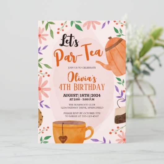 Laten we Par-thee drinken! Bloemen Tea Party Verja Kaart (Staand voorkant)