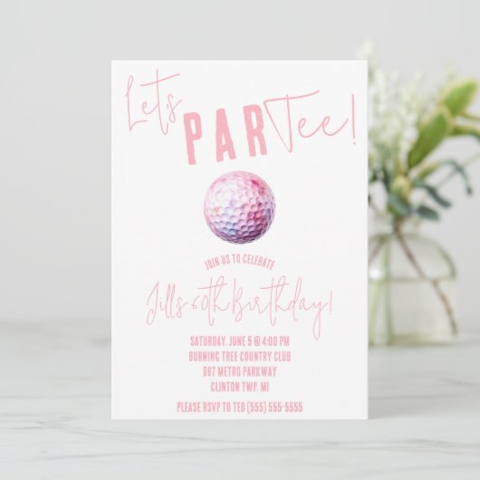 Laten we ParTee! Pink and White Golf thema feest Kaart (Staand voorkant)