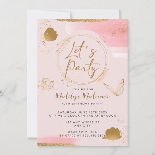 Laten we partijroze en gouddaguitnodiging kaart (Voorkant)