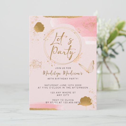 Laten we partijroze en gouddaguitnodiging kaart (Staand voorkant)